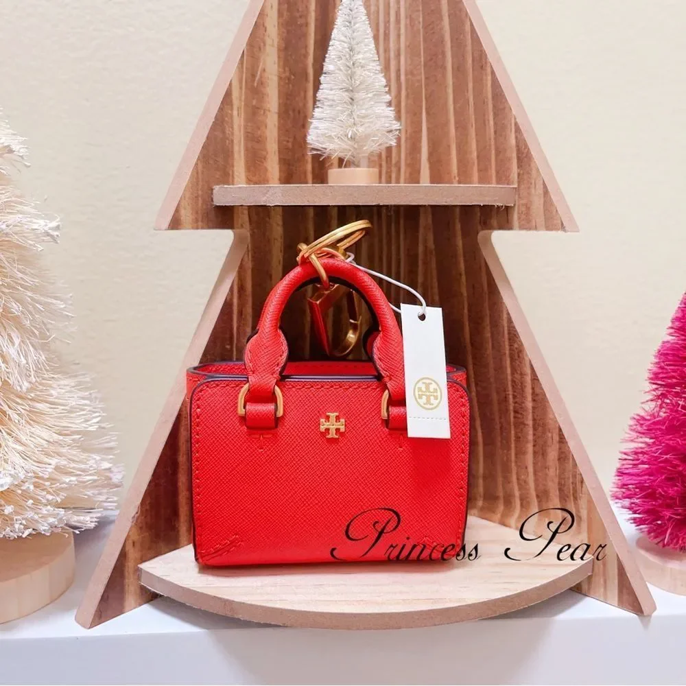 NWT Tory Burch Robinson Mini Tote Key Fob Bag Charm Keychain Gold / Bright Samba